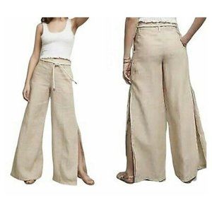 Elevenses Anthropologie High Waist Linen Split Open Ultra Wide Leg Trouser Pant